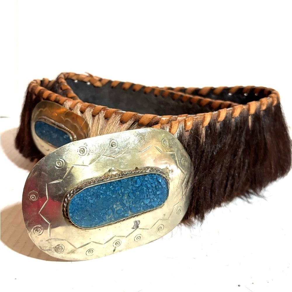 Vintage L 40 X3” Silver and Blue leather / cowhide hair Western Belt